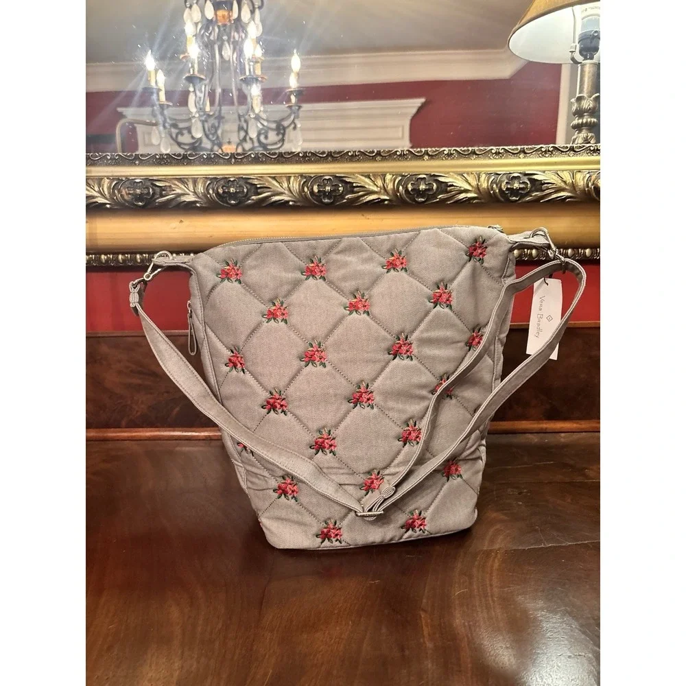 Vera Bradley Carson Hobo Bag Denim Gray Floral Quilted Crossbody NWT
